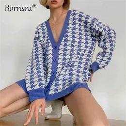 Sweater Bornsra Feminina Solta V-pescoço em v Houndstooth Manga Longa Knit Cardigan Jacket Contrast Color Regular Sweater Mulheres 210805