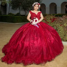 Sparkly Red Ball Gown Quinceanera Dresses Sequined Off The Shoulder Beaded Prom Gowns Appliqued Sweep Train Tulle Sweet 15 Masquerade Dress