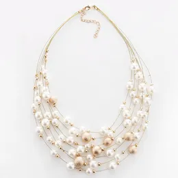 Fashion Jewelry Gold Color Multi Layer Chains Imitation Pearl Necklaces For Women Party Wedding Bride Necklace