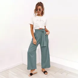 Casual Cotton Linen Pants Women Spring High Waist Wide Leg Summer Office Band Palazzo Trousers Black Yellow Loose 210428