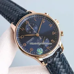 Luxusuhren 371614 Portugieser 41 mm Roségold ETA7750 Automatik-Chronograph Herrenuhr Saphirglas blaues Zifferblatt Lederarmband Herrenarmbanduhren