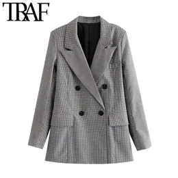 Frauen Mode Zweireiher Karo Blazer Mantel Vintage Langarm Taschen Weibliche Oberbekleidung Chic Tops 210507