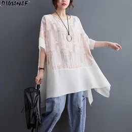 DIMANAF Plus Size Women T-Shirt White Bat Floral Print Patchwork Chiffon O-Neck Tops Shirt Loose Summer 2021 Solid New Tees 5XL X0628