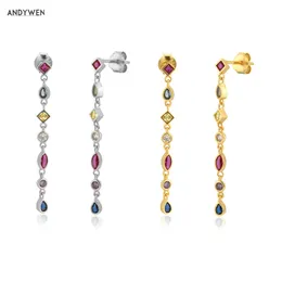 Andywen 925 Sterling Silver Gold Rainbow 38cm Long Chain Drop Earring Kvinnor Mode Fina Smycken För Bröllop Lyx Jewels 210706