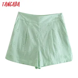 Mulheres elegante verde bordado lado zíper bolsos ol shorts pantalones je60 210416