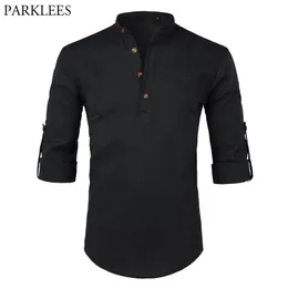 Czarna bawełniana koszula lniana Mężczyźni jesień zwinięte rękawem męskie dorywczo sukienka Slim fit henley mężczyzna chemise homme 210721