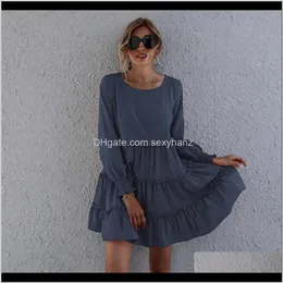 Womens Clothing Apparel Drop Delivery 2021 Women Cupcake Dress Elegant Fashion Full Length Regular Sleeve Round Neck Solid Color Draped High