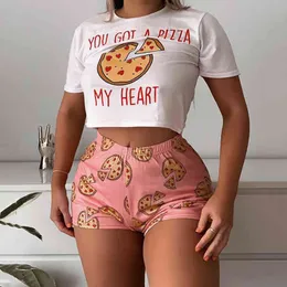 Omsj 2020 Kobiety Dwuczęściowe Zestaw Lato Krótki Rękaw Crop Top I Spodenki Pizza Wzór Drukuj Dopasowywanie Garnitur Lady Lounge Outfits X0428