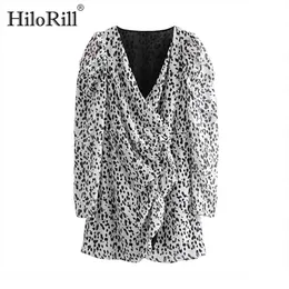 Kvinnor leopard chiffong klänning v neck puff långärmad streetwear mini es lady ruffles kvinnlig en linje sundress 210508