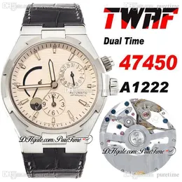 TWAF Overseas Dual Time 47450 A1222 Automatic Mens Watch Steel Case Power Reserve Silver Texture Dial Stick Black Leather Strap Super Edition Watches Puretime a1
