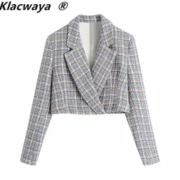 Women Fashion Hidden Button Tweed Cropped Blazer Coat Vintage Long Sleeve Female Outerwear Chic Veste Femme 210521