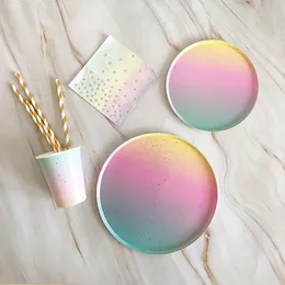 Rainbow Round Paper Cups Talerze z jednorazowym papierowym zastrzemieniem stołowym na imprezę Tort