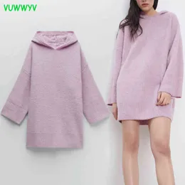 VUWWYV, vestido rosa de invierno de gran tamaño acanalado de punto para mujer, minivestido con capucha de otoño para mujer, Vestidos de manga larga para salir 210430