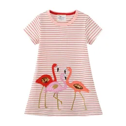 Girls Flamingo Embroidery Beading Children's Dresses Cotton Stripe Summer Short Sleeve Toddler Birthday Dress