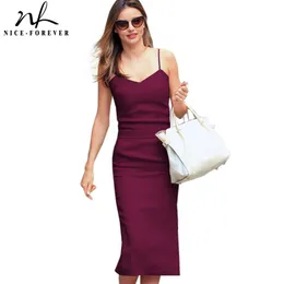 Nice-Forever Summer Casual Sexig Mid-Calf med Pocket Dresses Bodycon Sheath Women Slip Dress B304 210419