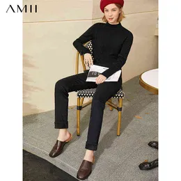 Amiiミニマリズムウィンターファッションジーンズの女性のための因果的スリムフィット厚いフリースの女性のズボン女性のズボン12060081 211129