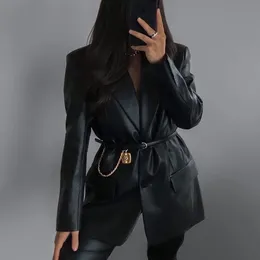 Faux Leather PU Blazer Jacket Kobiety Vintage Streetstyle Black Podwójne Piersi Faux Kieszenie Płaszcz Jesień Zima Top 210415