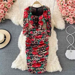 Summer Women Dress Mesh Ruched Bodycon Midi Party Vintage Rose Leopard Print Slim Fit Sexy Elegant Robe 210603