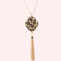 Leather Moroccan Chain Neckalces Oval Shape Leopard Tassel Necklace Long Chian Pendants