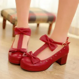 Summer 2021 Ladies Heels Platform Cute Bow Lace Princess Mary Jane Lolita Shoes Party High Heel Buckle Women Pumps Red Dress