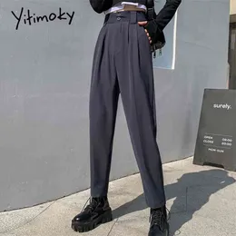Yitimoky Damskie Spodnie Klasyczne Spodnie Damskie Garnitury Kobiety Odzież Wysoka Talia Kieszenie Przycisk Harem Koreański Streetwear 210925