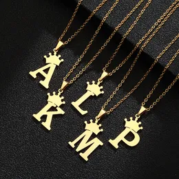 26 Letter Initial Pendant Necklace Stainless Steel Gold Plating Crown Necklaces for Women Jewelry