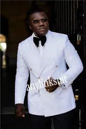 Hot Selling Double-Breasted White Groom Tuxedos Peak Lapel Wedding / Prom / Dinner Groomsmen Mężczyźni Garnitury Blazer (Kurtka + Spodnie + Krawat) W1496