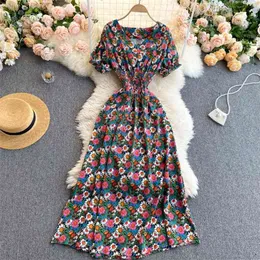 Europeu americano retro floral vestidos mulheres v-decote em v emagrecimento de cintura de emagrecimento midi vestido c715 210506