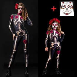 Halloween Scary Costume Skull Rose Skelett Jumpsuit Cosplay Party Carnival 3D Face Tatuering Klistermärke för vuxna Kvinnor För Kid Girls Y0903