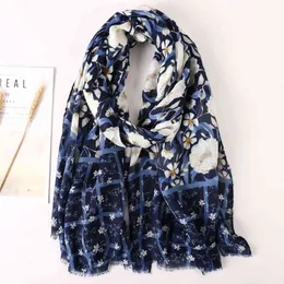 Exported to Spain, cotton, hemp, camellia flower print scarf, soft shawl, ladi