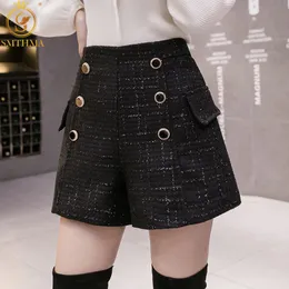 Autumn High Waist Wide Leg Tweed Woolen Shorts Women Black Bright Silk Double-Breasted Button Pantalones Cortos De Muje 210520