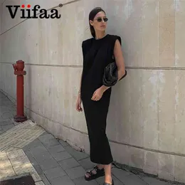 Viifaa Sleeveless Shoulder Pad Casual Black Elegant Long Dress Streetwear Women Loose Robe Split Back Summer Midi Dresses 210623