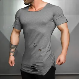 MuscleGuys New Summer T Shirt Men Ripped Hole T-shirts Män Square Neck Slim Fit Tees Fitness Herr Hip Hop Extend Tshirt 210421