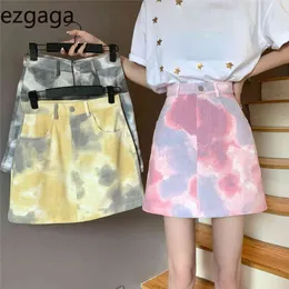 Ezgaga Tie Dye Rosa Denim Kjolar Kvinnor Hög midja Sommar Ny Koreansk Fashion Design A-Line Skirt Slim Wrap Höft Kjol Faldas 210430