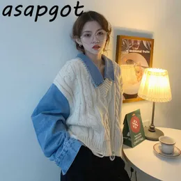 Fałszywe dwa kawałek sweter sweter kobiety luźny elegancki koreański moda casual skręcić kołnierz drelichowy patchwork dzianiny kurtka bluzki 210610