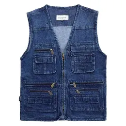 Big Size V-Neck Classic Multi Denim Work Vest Mens Solid Casual Waistcoat with Many Pockets Fishing Sleeveless Jacket 210923