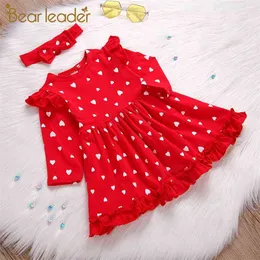 Casual Baby Girls Dress Princess Es Heart Print Red Christmas For Girl Kids Kläder med Headband 2PCS 210429