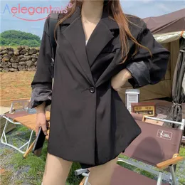 AELEGANTMIS Koreański Vintage Biuro Lady Kobiety Czarny Blazer Kurtka Wiosna Casual Luźna Kobieta Pojedynczy Przycisk Odzieży 210607