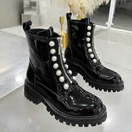 Boots Platform Pearl Women Zipper Mid-Calf Bota Mujer Patent Leather Female Shoes Thick Sole Bottes Chaussure Femme