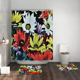 Carpets Oil Painting Flower Shower Curtain Four Piece Bathroom Floor Mat Toilet Anti-skid Absorbent Carpet Tappeti Bagno