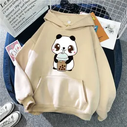 Womens Man Loose Sweatshirt Hoody Little Panda Drinking Milk Tea Print Hoodie Streetwear Söta vinterkläder 220314