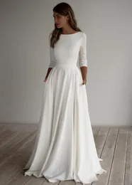 2021 A-Line Crepe Modest Wedding Dress Long Sleeves Pockest Sweep Train Simple Elegant Informal Boho Bridal Gowns Sleeved Custom Made