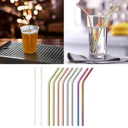 10pcs Drinking Straws 8pcs Stainless Steel Coloured Reusable Includes 2pcs Long Cleaning Brushes