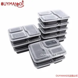 10 Pcs Plastic Reusable Bento Box Meal Storage Food Prep Lunch Box 3 Compartment Reusable Microwavable Containers Home Lunchbox 210818