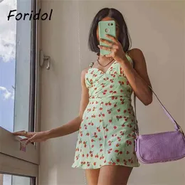 Foridol Cherry Print Satin Summer Dress Mulheres Lace Up Strap Short Beach Vestido de Férias V Neck Green Verde Verde Mini Vestido 210415