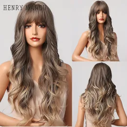 Ombre Dark Brown Goleden Honey Wigs with Bangs Long Body Wave Synthetic Wigs for Women Heat Resistant Cosplay Partyfactory direct