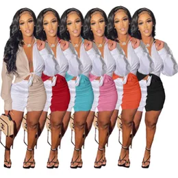 Toptan Öğeler İki Parçalı Elbise Bayan Uzun Kollu Bluzlar + Mini Etek Bodycon Diz Üstü Etekler Yaz Moda Katı Kadın Giysileri KLW7357