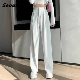 Seoulish Spring Autumn White Wide Leg Women's Pants High Waist Button Kvinna Elegant Minimalism Kontor Arbetsbyxor 211115