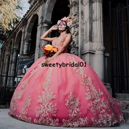Mexican Pink Quinceanera Dresses Applique Lace Vestidos XV Años Sweet 16 Dress Off the Shoulder robe de soirée