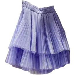 Koreanska mode elastiska pläterade mesh hög midja kjol kvinnor sommar oregelbunden ben vikar botten plagg boll klänning 1080 210510
